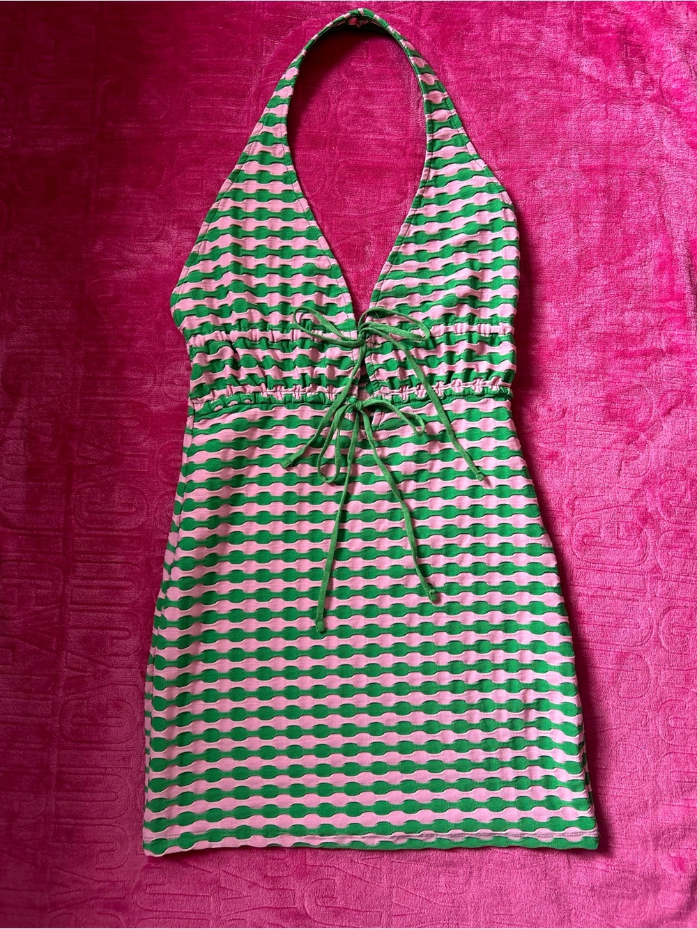 “Zara” Pink and Green Patterned Halter Neck Mini Dress